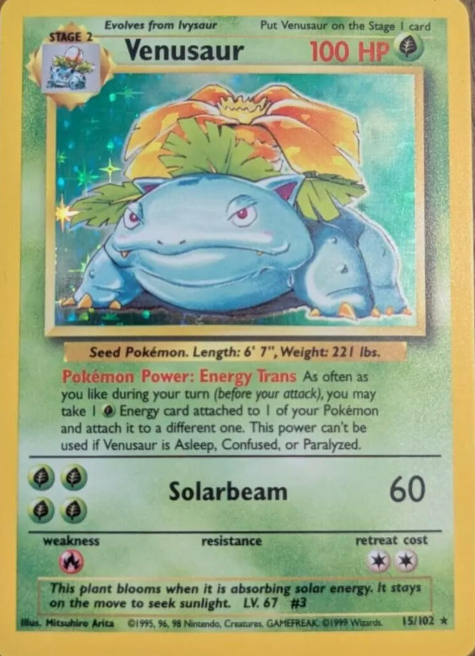 moderately played pokemon card Venusaur 15/102 - Base Set Holographic