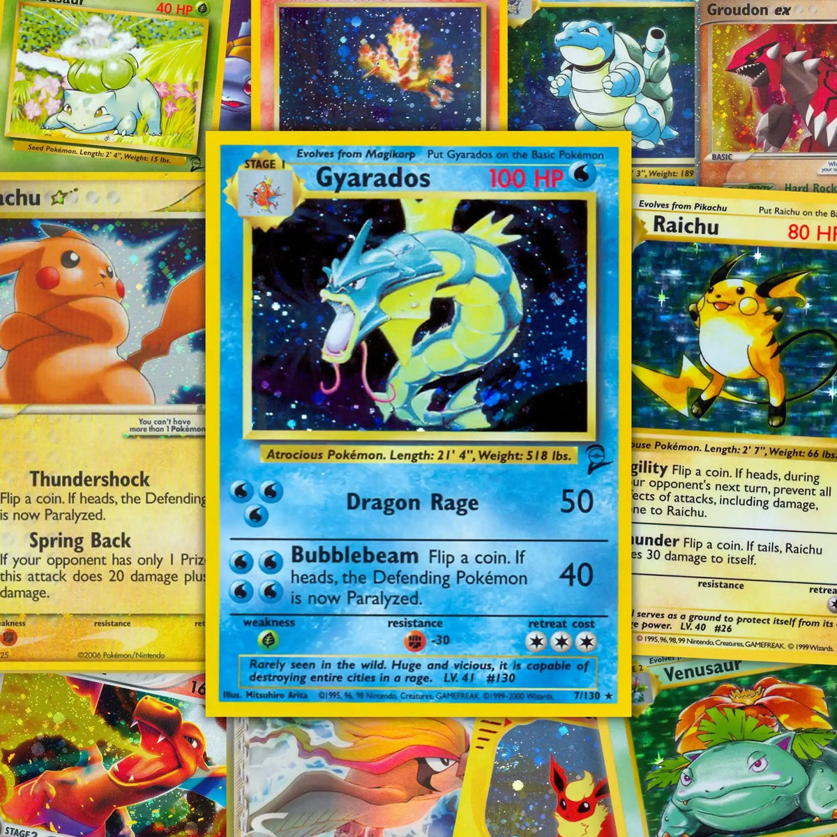 Vintage Pokémon cards collage with Gyarados in center, Pikachu, Blastoise, and Venusaur visible.