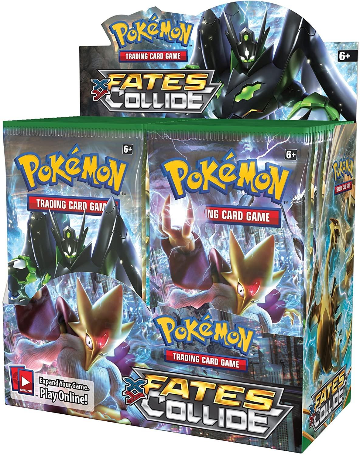 Pokémon TCG Fates Collide booster box with Zygarde and Alakazam artwork, collectible card display