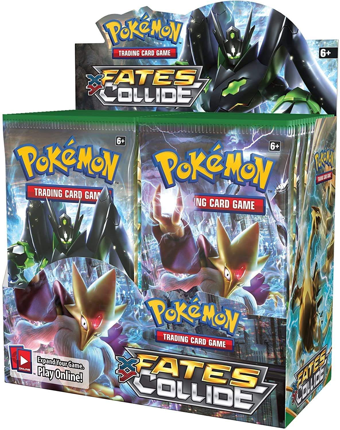 Pokémon TCG Fates Collide booster box with Zygarde and Alakazam artwork, collectible card display