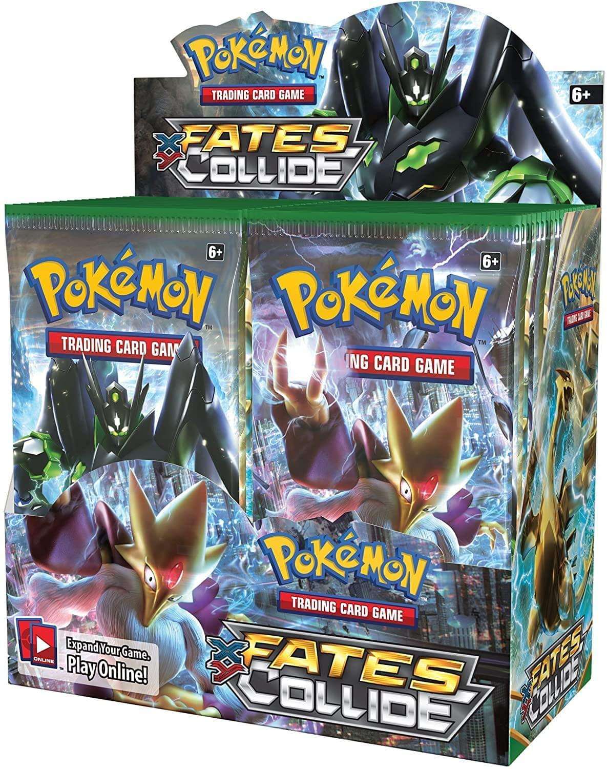 Pokémon TCG Fates Collide booster box with Zygarde and Alakazam artwork, collectible card display