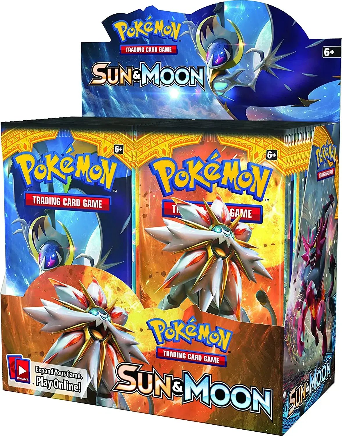 Pokémon Sun & Moon trading card game booster box with Solgaleo and Lunala artwork