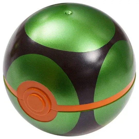 Luxury Ball collectible Pokémon item with green, black, and orange design on white background