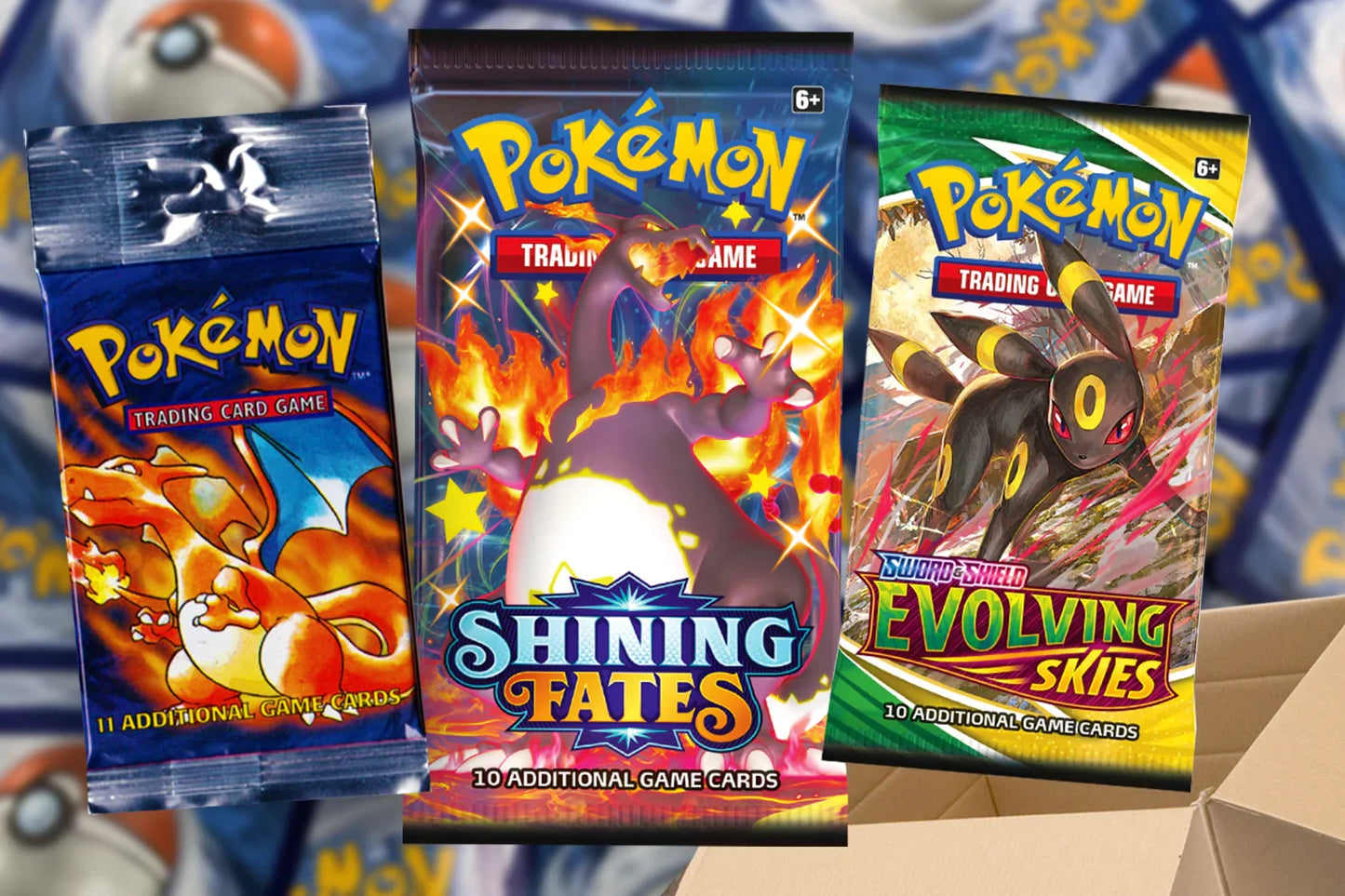 Three Pokémon Trading Card Game booster packs, including Shining Fates and Evolving Skies, on colorful background at PTC Collectibles.