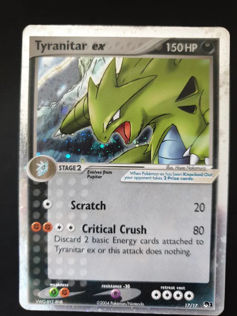 Tyranitar ex holographic Pokémon card from PTC Collectibles, silver border, 150 HP