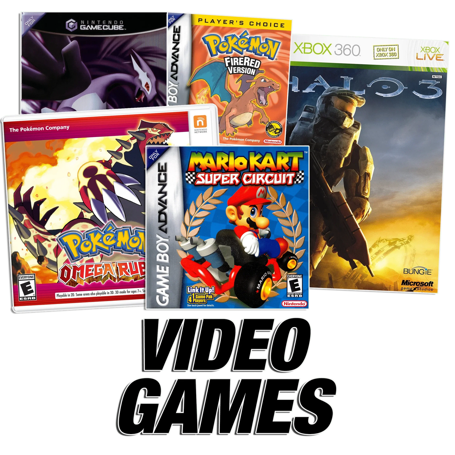 Collage of Pokémon, Mario Kart, and Halo 3 video game covers with 'VIDEO GAMES' text, PTC Collectibles