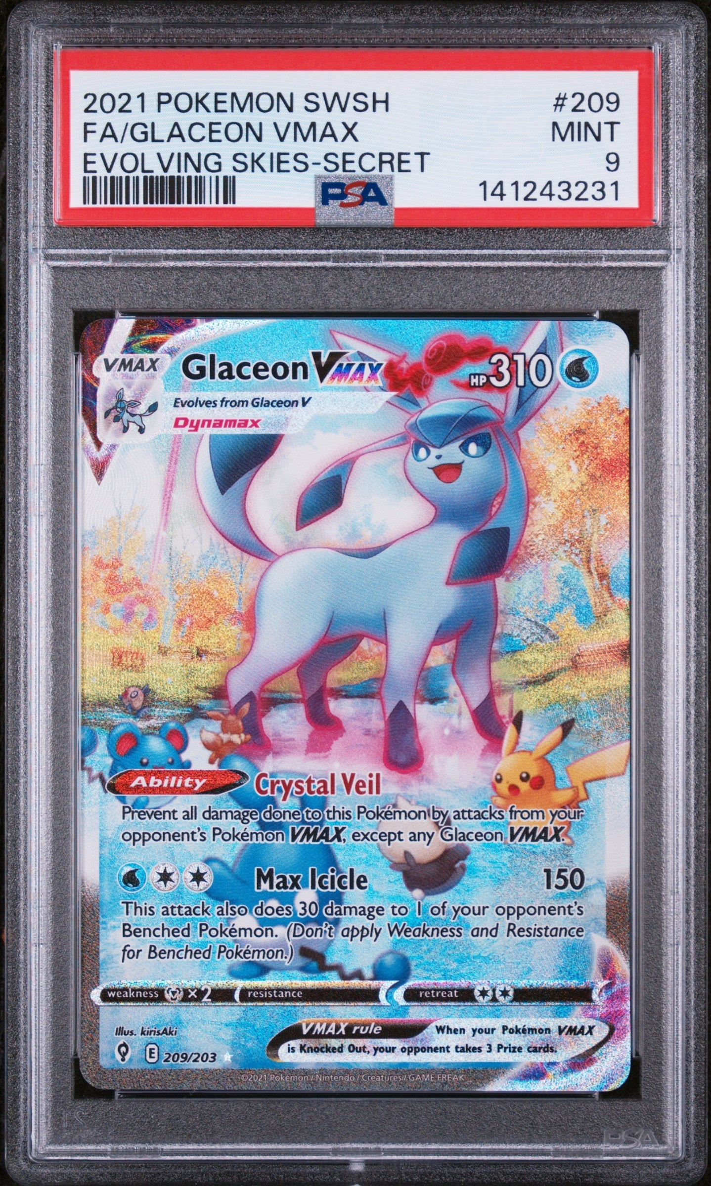 Glaceon VMAX - 209/203 - Secret Rare - Evolving Skies - PSA 9