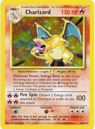 A Charizard Pokémon trading card with a yellow border, featuring the character Charizard in the center, HP 120, and card text details on a warm orange background.