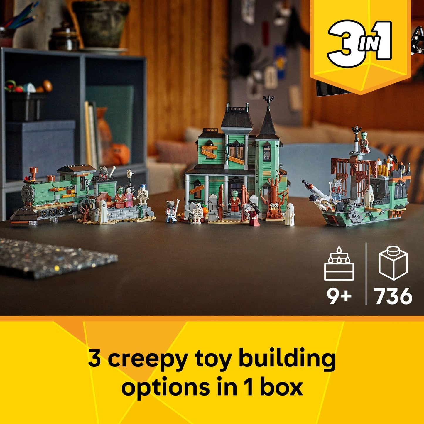 LEGO Creator 3 in 1 Haunted Mansion Building Toy for Kids - Halloween Building Blocks & Learning Toy for Girls & Boys, Ages 9+ - Build a Haunted House, Train, or Ship - Gift for Birthdays - 31167 🍁 All In One Marketplace Canada