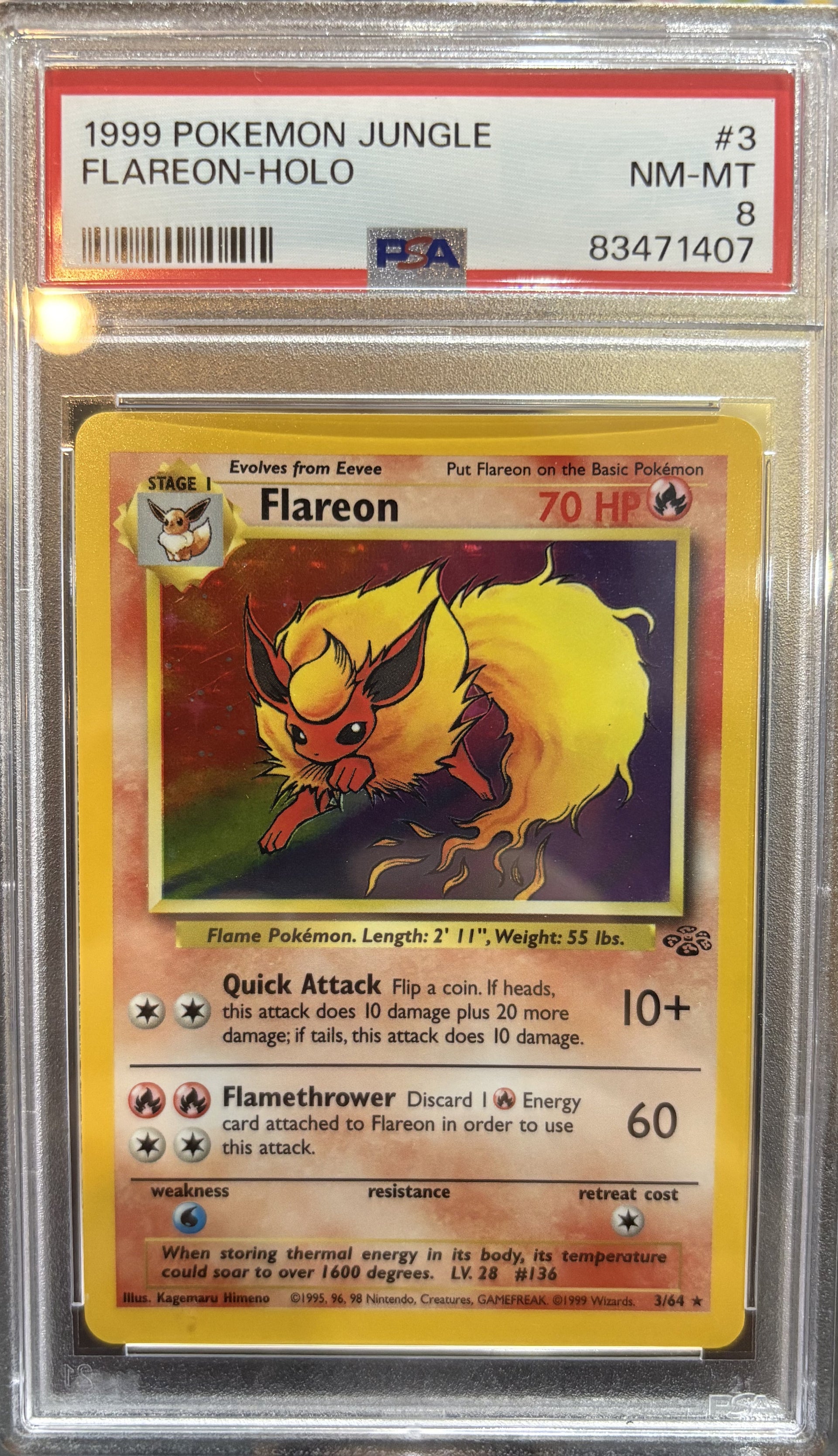1999 flareon pokemon card FLAREON - 3/64 - Jungle Set - Holo - Pokemon Card - Exc / Near Mint - Vintage