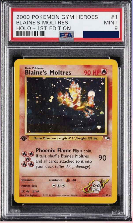 Pokemon Blaine's Moltres Holo 1st Edition 001/132 Gym Heroes PSA 09